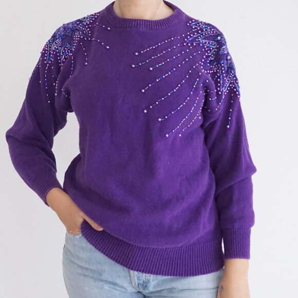 Vintage Alibi Beaded Sweater Purple 80s Whimsigoth Statement Glam S - Picture 1 of 10